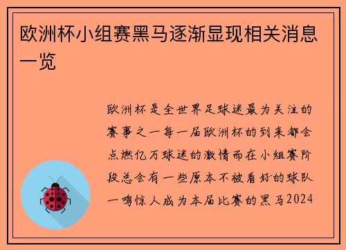 欧洲杯小组赛黑马逐渐显现相关消息一览